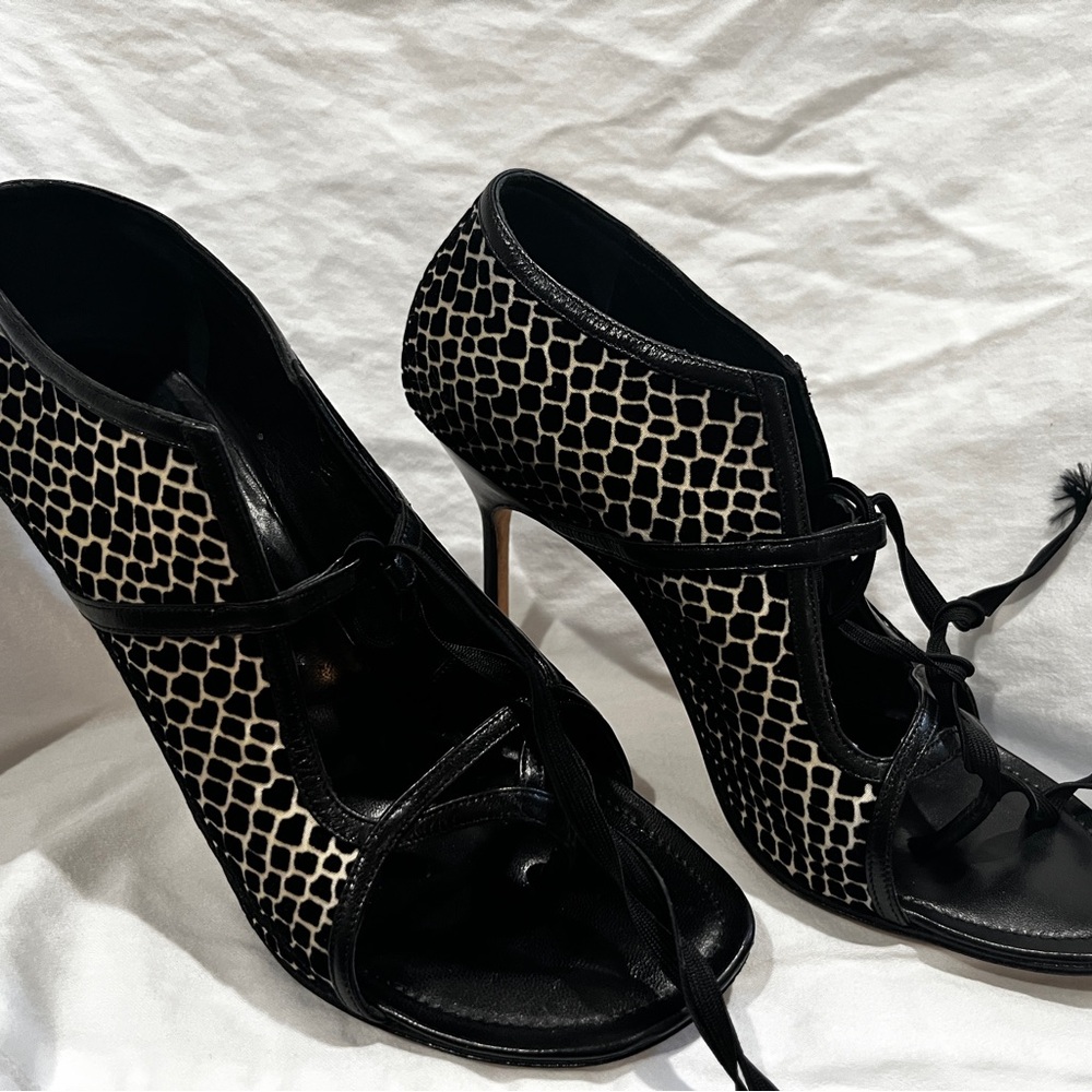 Manolo Blahnik Black and Cream Lace-Up Heels